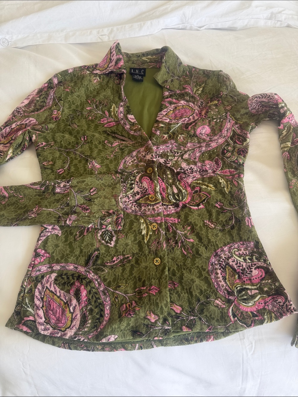 INC International Concepts Olive Green and Pink Paisley Button-Down Shirt